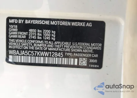 2019 BMW 530I from USA, damaged, VIN WBAJA5C57KWW12845